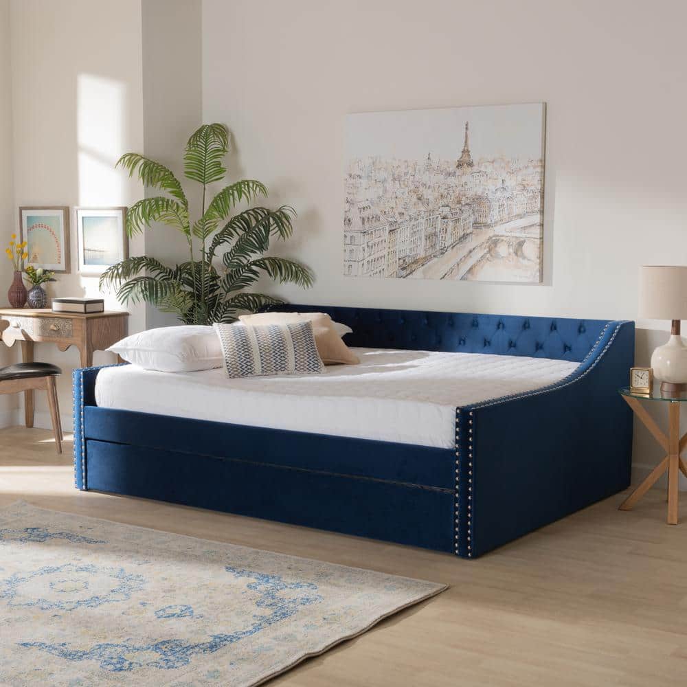 Navy Blue Velvet Queen Daybed with Nailhead Trim and Trundle