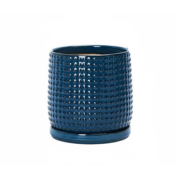 6 in. Ceramic Beaded Stoneware Planter - with Drainage & Saucers, Indoor Succulents/Flowers (Midnight Blue)