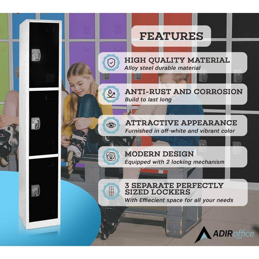 Black Solid Steel 72" Freestanding 3-Tier Locker