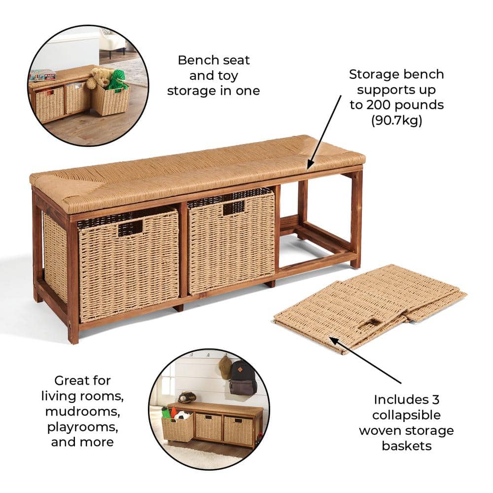 Brown Pine Kid's Storage Bench with Woven Top and Baskets