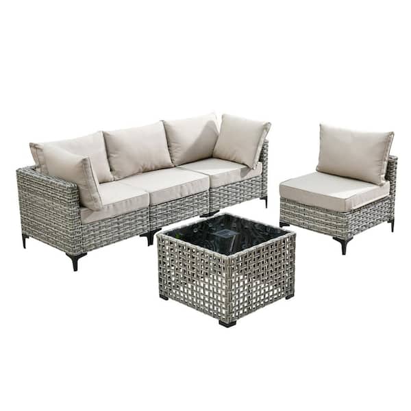 Holston 5-Piece Wicker Modern Outdoor Patio Conversation Sofa Sectional Set with Beige Cushions