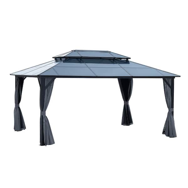Unbranded 12 ft. x 16 ft. Polycarbonate Double Roof Aluminum Frame Gazebo with Netting and Curtains for Garden Patio Party