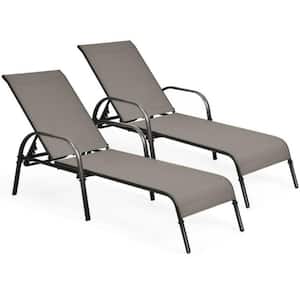 2-Piece Metal Patio Outdoor Chaise Lounge with Adjustable Reclining Armrest and Brown Fabric