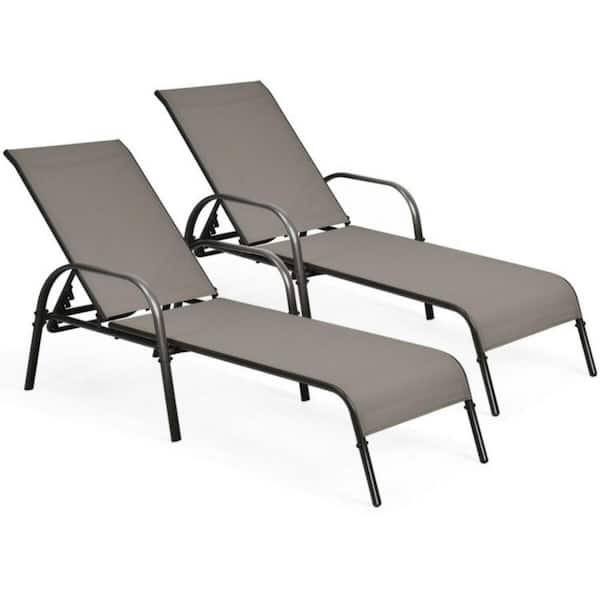Clihome 2-Piece Metal Patio Outdoor Chaise Lounge with Adjustable Reclining Armrest and Brown Fabric