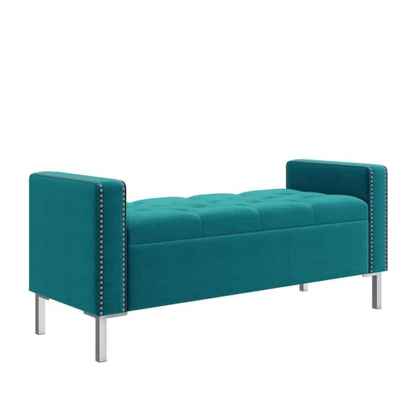 Handy Living Sky Blue Plush Velvet Fabric Modern Square Arm Rectangle Storage Bench 52 in. Ottoman with Nailheads and Tufted Top
