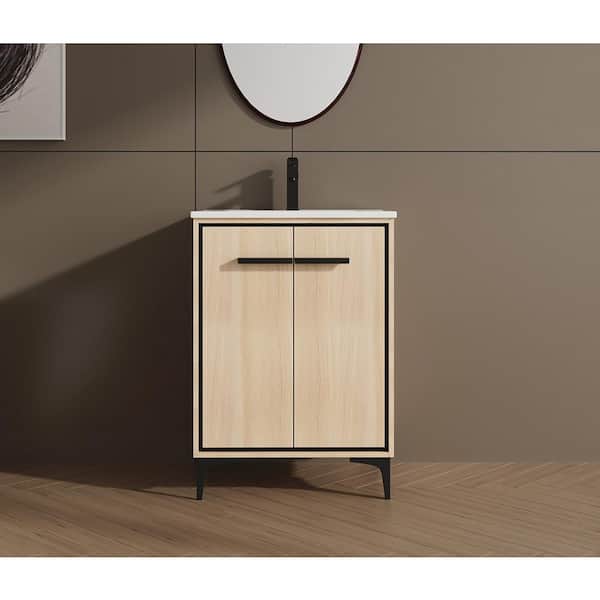 Staykiwi 24 in. W x 18.3 in. D x 33.9 in. H Freestanding Bath Vanity in Oak with White Ceramic Top