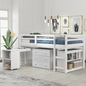 White Low Study Twin Loft Bed with Cabinet and Rolling Portable Desk
