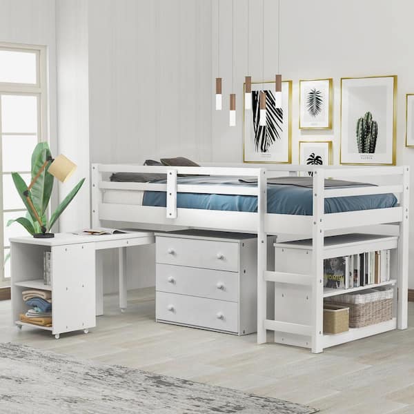 Harper & Bright Designs White Low Study Twin Loft Bed with Cabinet and Rolling Portable Desk