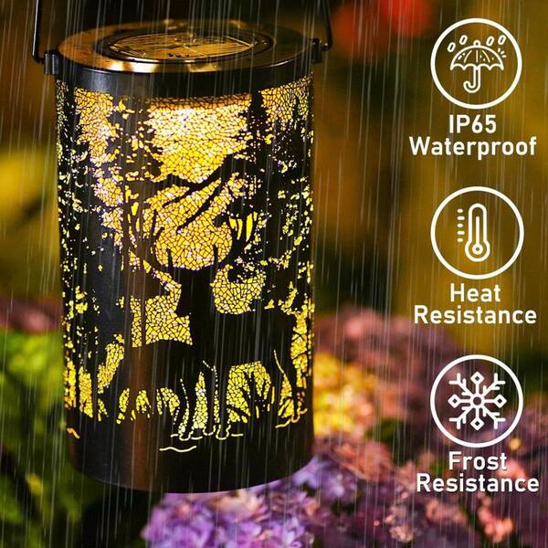 5 in. x 13 in. Black Steel Solar Lantern Outdoor Waterproof Deer