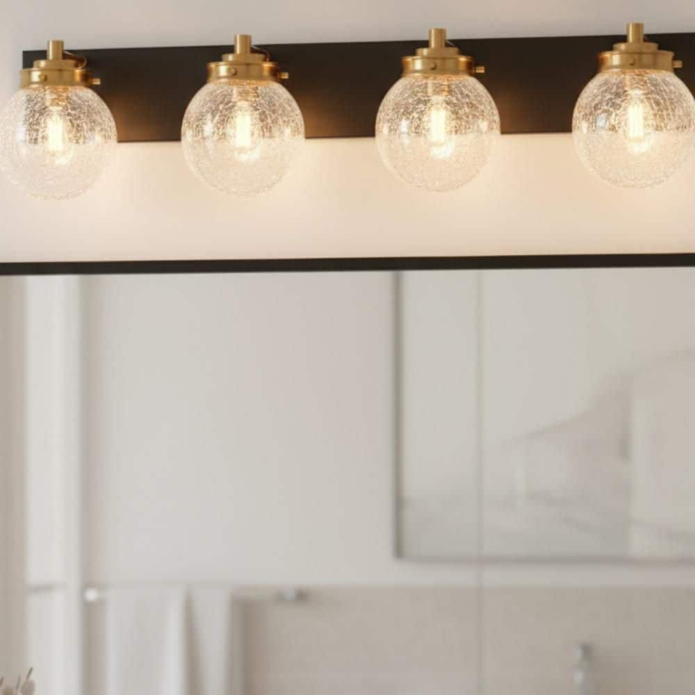30 in. 4-Light Matte Black and Gold Vanity Light with Crackle Glass Shades, Bathroom Wall Sconce Lamp for Over Mirror price history on PriceWatchPro