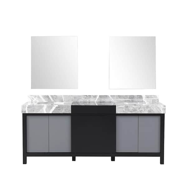 Zilara 80 in W x 22 in D Black and Grey Double Bath Vanity, Castle Grey Marble Top and 30 in Mirrors