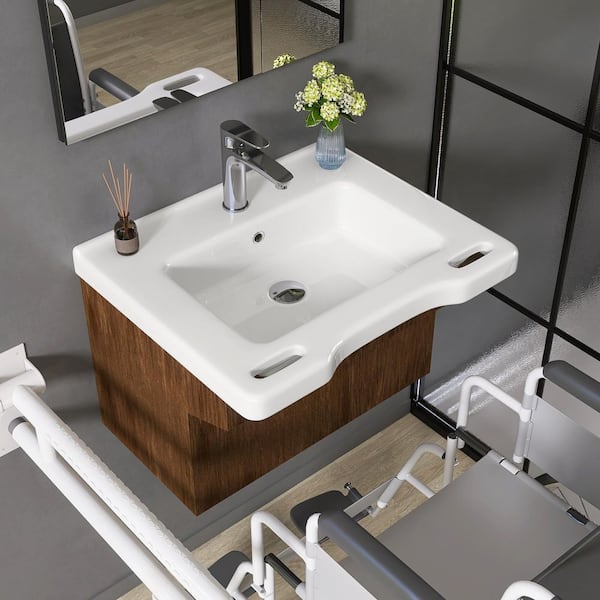 23.6 in. x 19.6 x 5.3 in. Rectangular ADA Ceramic Wall Mount Vessel Sink Wall Hung with Center Faucet Hole in White