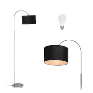 66 in. Modern Brushed Nickel Arched Floor Lamp with Black Shade, with LED Bulb Included