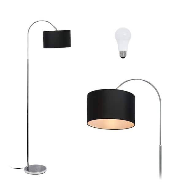 Simple Designs 66 in. Modern Brushed Nickel Arched Floor Lamp with Black Shade, with LED Bulb Included