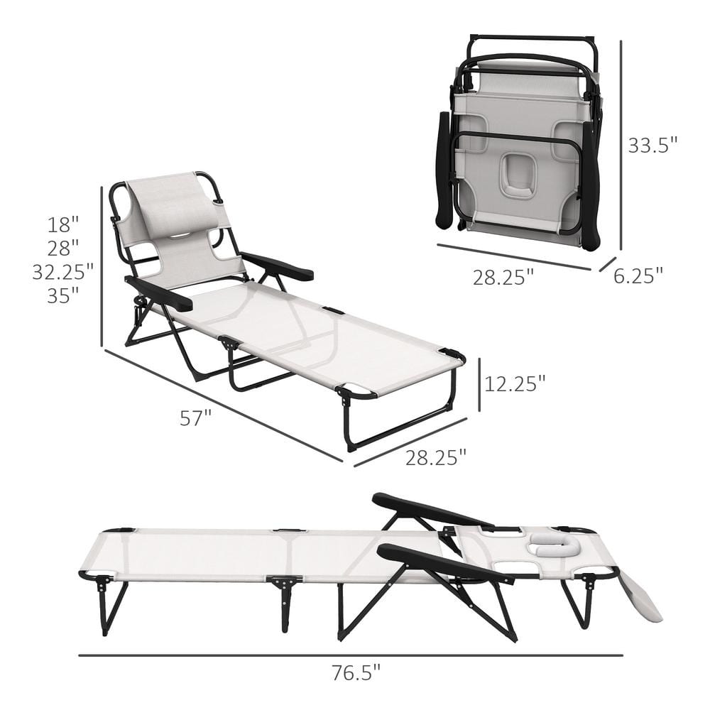 Cream White Mesh Fabric Reclining Outdoor Chaise Lounge Chair with Arms