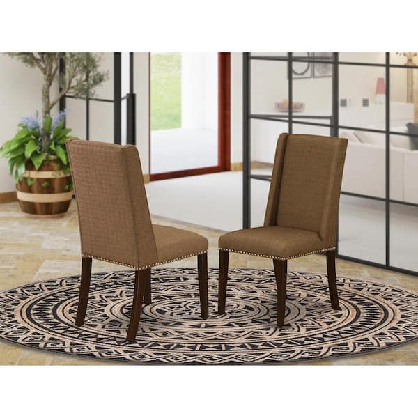 East West Furniture Mahogany, Classic Parson Chairs - Nailhead Trim Brown Linen Fabric Upholstered Dining Chairs, Set Of 2