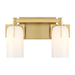 Caldwell 14.75 in. 2-Light Warm Brass Bathroom Vanity Light with Etched White Opal Glass Shades