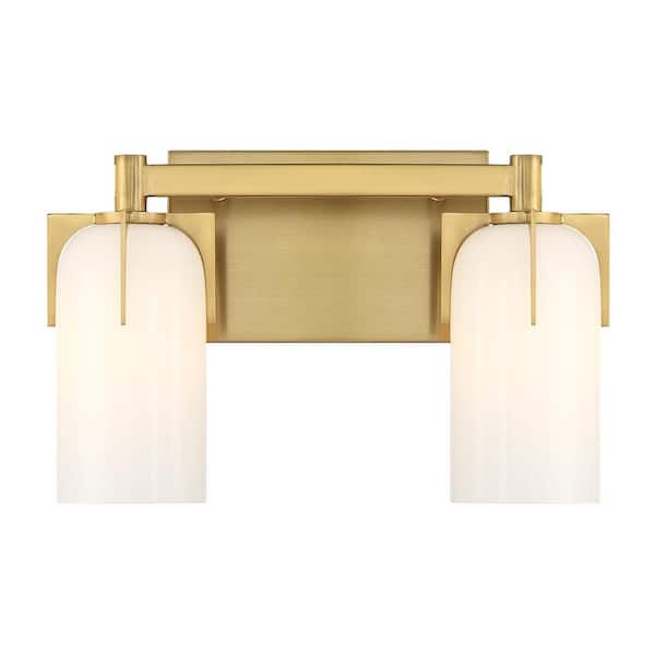 Caldwell 14.75 in. 2-Light Warm Brass Bathroom Vanity Light with Etched White Opal Glass Shades