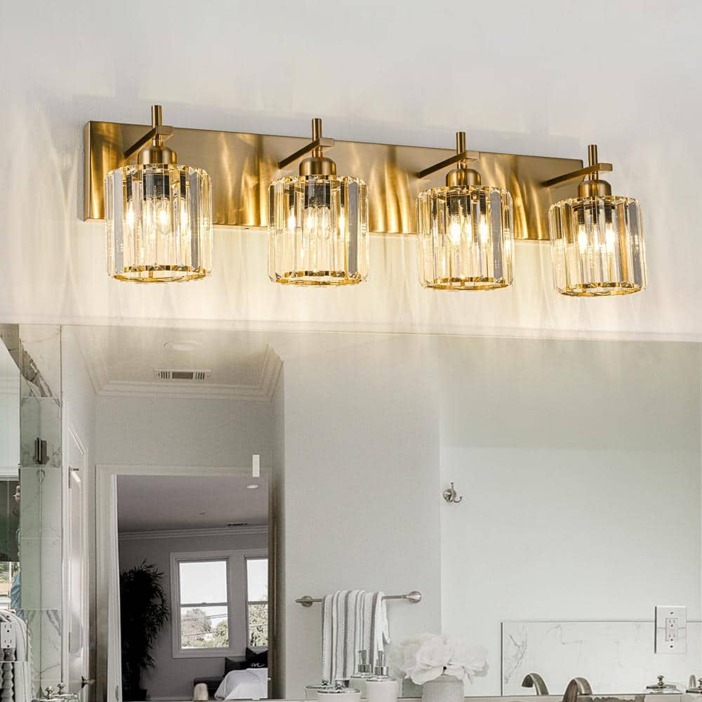 Orillia 28 in. 4-Light Gold Bathroom Vanity Light with Crystal Shade Wall Sconce Over Mirror price history on PriceWatchPro