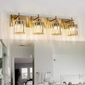 Orillia 28 in. 4-Light Gold Bathroom Vanity Light with Crystal Shade Wall Sconce Over Mirror