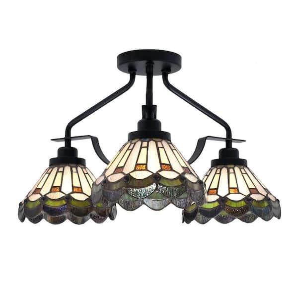 Unbranded Zara 18 in. 3-Light Matte Black Semi-Flush with 7 in. Cyprus Art Glass Shades No Bulbs Included