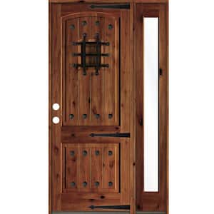 50 in. x 96 in. Medit. Knotty Alder Right-Hand/Inswing Clear Glass Red Chestnut Stain Wood Prehung Front Door w/RFSL