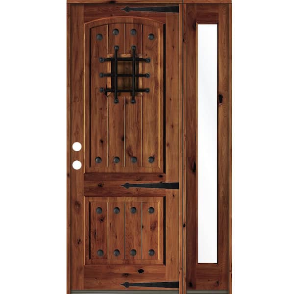 Krosswood Doors 50 in. x 96 in. Medit. Knotty Alder Right-Hand/Inswing Clear Glass Red Chestnut Stain Wood Prehung Front Door w/RFSL