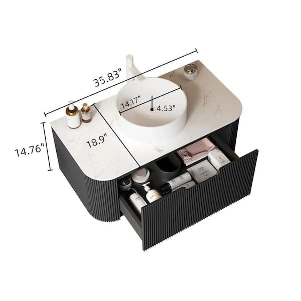おゆ　36サイズ Ziyudura 36 in. Single Sink Floating Curved Edge Black Bath Vanity