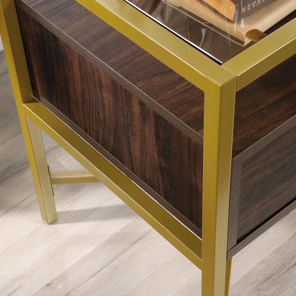 Harper Heights Luxe Walnut Side Table with Glass Top and Storage