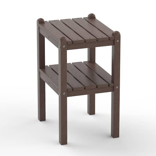 Sudzendf Brown Rectangle HDPE Plastic Double Layer Outdoor Side Table