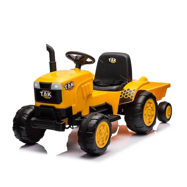 Huluwat Yellow 12V Electric Tractor Battery Powered Motorized Car with Detachable Trailer, Remote Control and Bright Headlight
