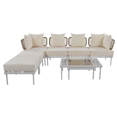 White 8-Piece Metal Outdoor Sectional Set with Tempered Glass Coffee Table, Wooden Coffee Table and Beige Cushions