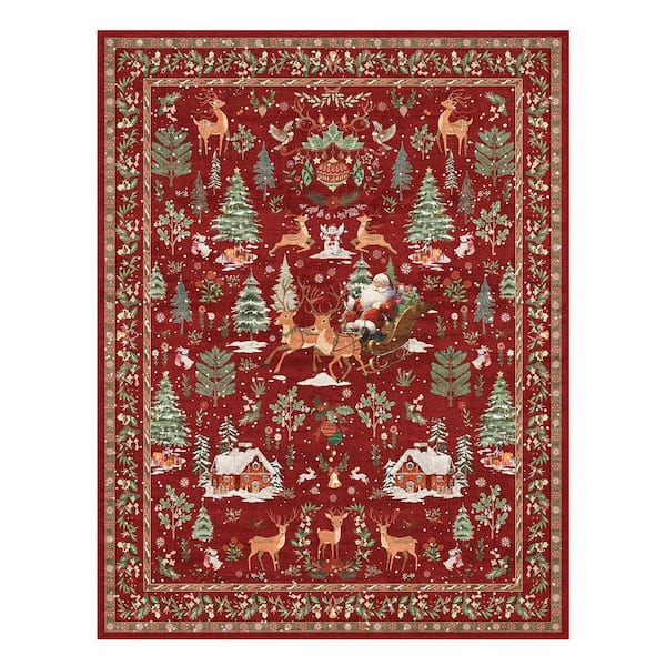 8 ft. x 10 ft. Red Holiday Woodland Washable Area Rug