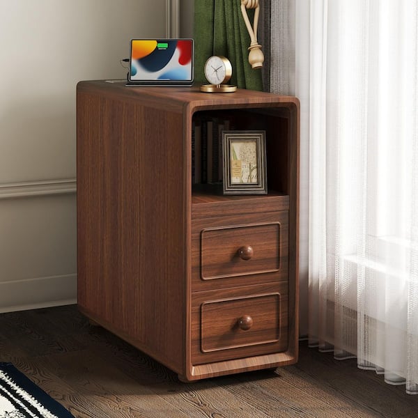 Vintage 23.6 in. Walnut Rectangle Wood End Table with Open Shelves and Charging Station, (Set of 1)