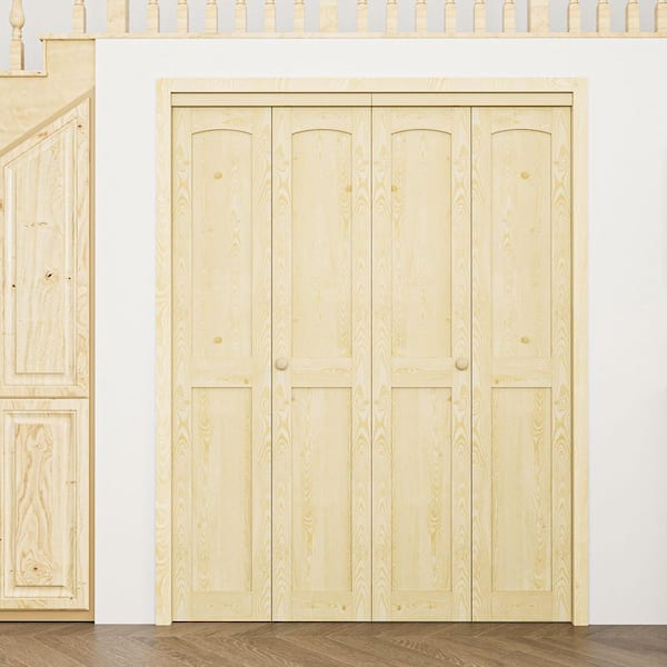 60 in. x 80 in. Arch Panel 2-Lite Solid Core Unfinished Pine Wood Interior Closet Bi-Fold Door with Hardware