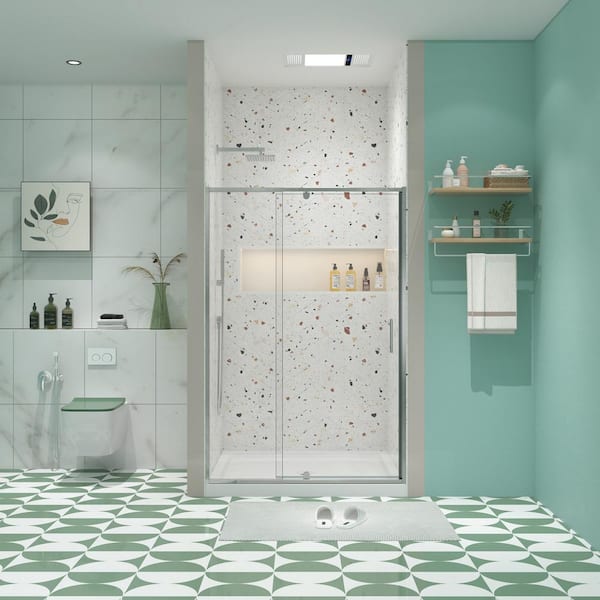 Boosicavelly 42 in. W x 71 in. H Pivot Semi-Frameless Shower Door in Chrome Finish with Tempered Glass
