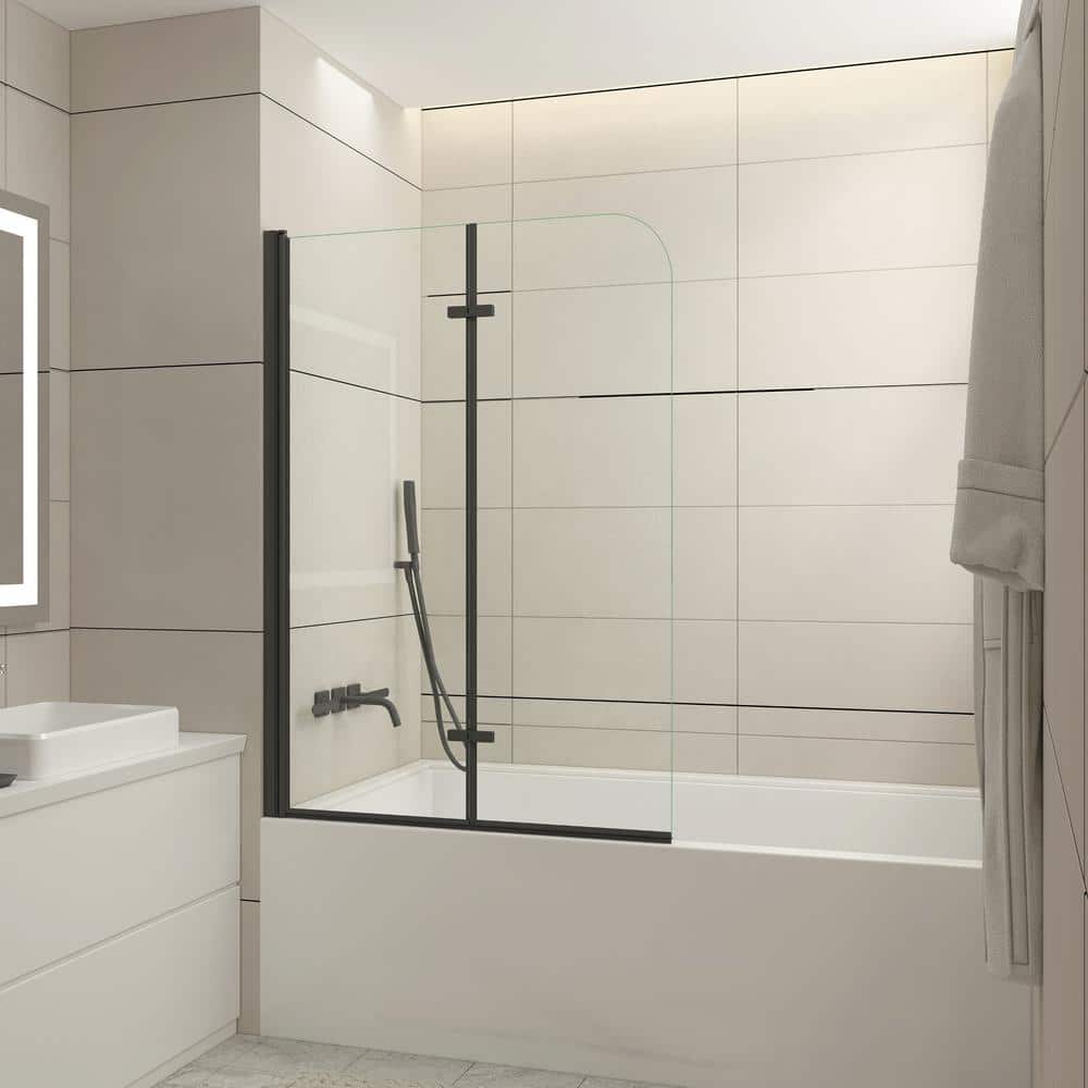 Matte Black Frameless Pivot Tub Door with Clear Tempered Glass