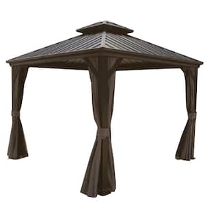 Caesar 10 ft. x 10 ft. Dark Brown Double Roof Permanent Hardtop Aluminum Gazebo with Netting and Sidewalls