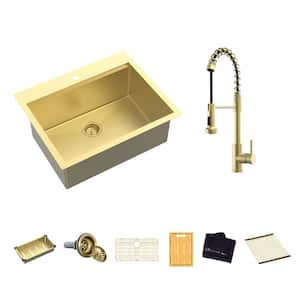 33 in. Drop In Single Bowl 18-Gauge Gold Stainless Steel Workstation Kitchen Sink with Spring Neck Faucet