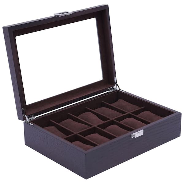 YIYIBYUS Watch Box Coffee 10 Slots Case Glass Top Display Organizer Jewelry Storage Boxes Holder