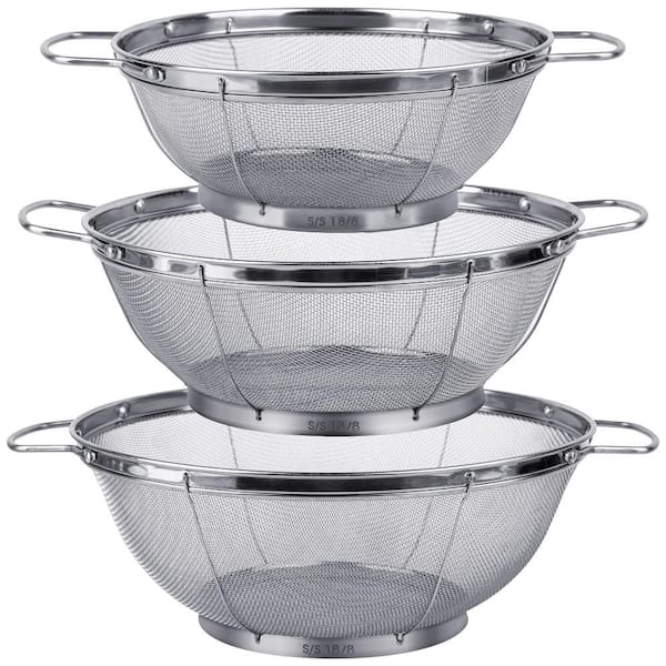 3-Pack Stainless Steel Colander Sieves with Handles and Resting Base for Strain, Drain, Rinse or Steam