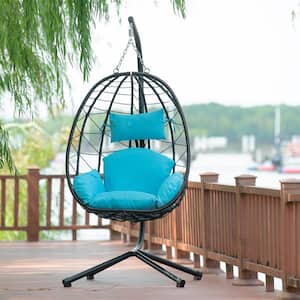 Outdoor Patio Black Steel Wicker Frame Hanging Swing Egg Chair with Stand with Light Blue Cushion