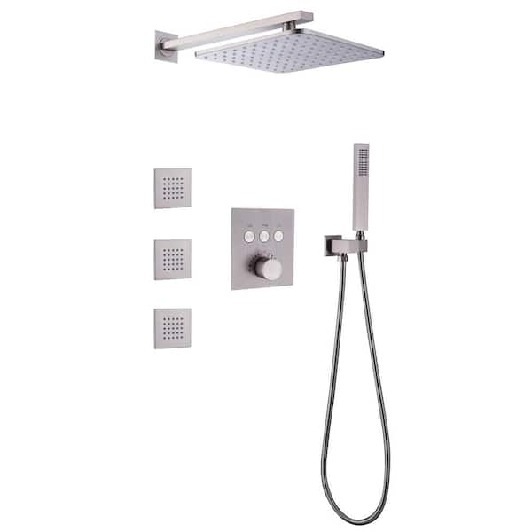 Tomfaucet Thermostatic Single Handle 3-Spray Patterns Shower Faucet 4.76 GPM with Body Spray in. Brushed Nickel (Valve Included)