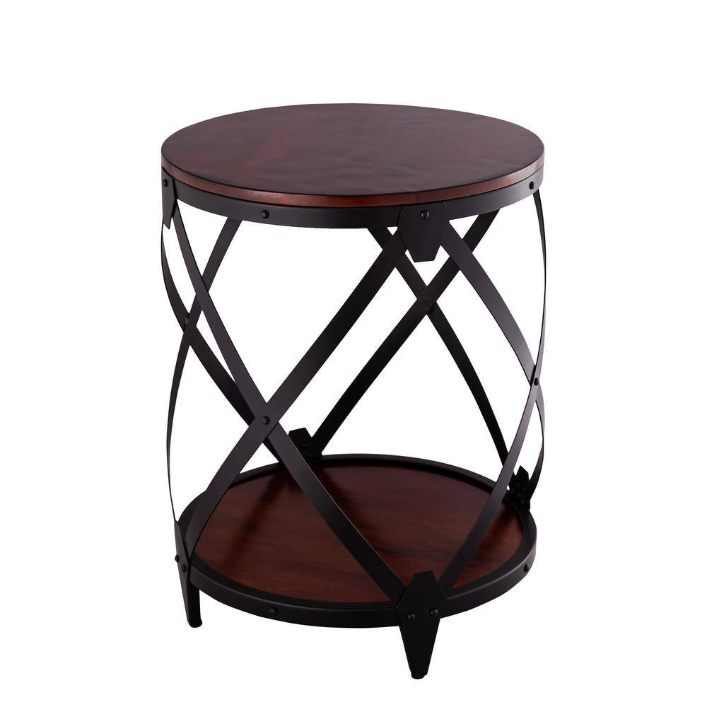 Flared Chestnut & Black Metal Drum End Table with Shelf