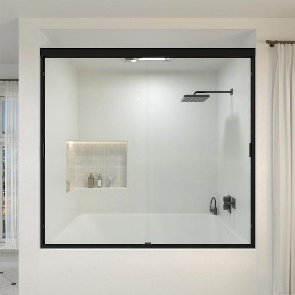 Orvix 60 in. W x 56 in. H Sliding Semi Frameless Tub Door in Matte Black Finish with Clear Glass