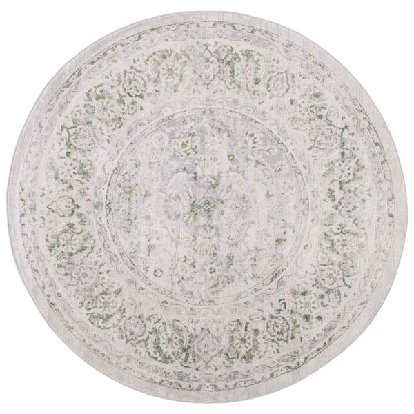 Palma 3 ft. x 3 ft. Beige/Green Distressed Border Round Area Rug