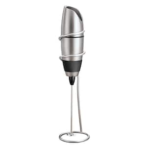 Battery-Powered Black Stainless Steel Milk Frother with Chrome Stand