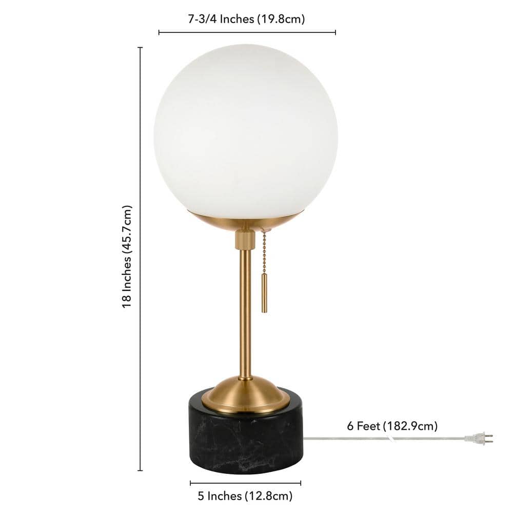 Reagan Art Deco Brass & Black Marble Table Lamp with White Globe Shade