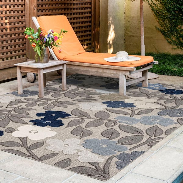 Oasis Floral Blue 9 ft. x 12 ft. Indoor/Outdoor Area Rug