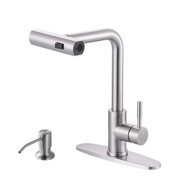 3-Mode Single Handle Waterfall Pull Down Sprayer Kitchen Faucet with soap dispenser in Stainless Steel Brushed Nickel